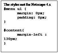 Text Box: The styles not for Netscape 4.x#menu ul { margin: 0px; padding: 0px;}#content{ margin-left : 130px;}